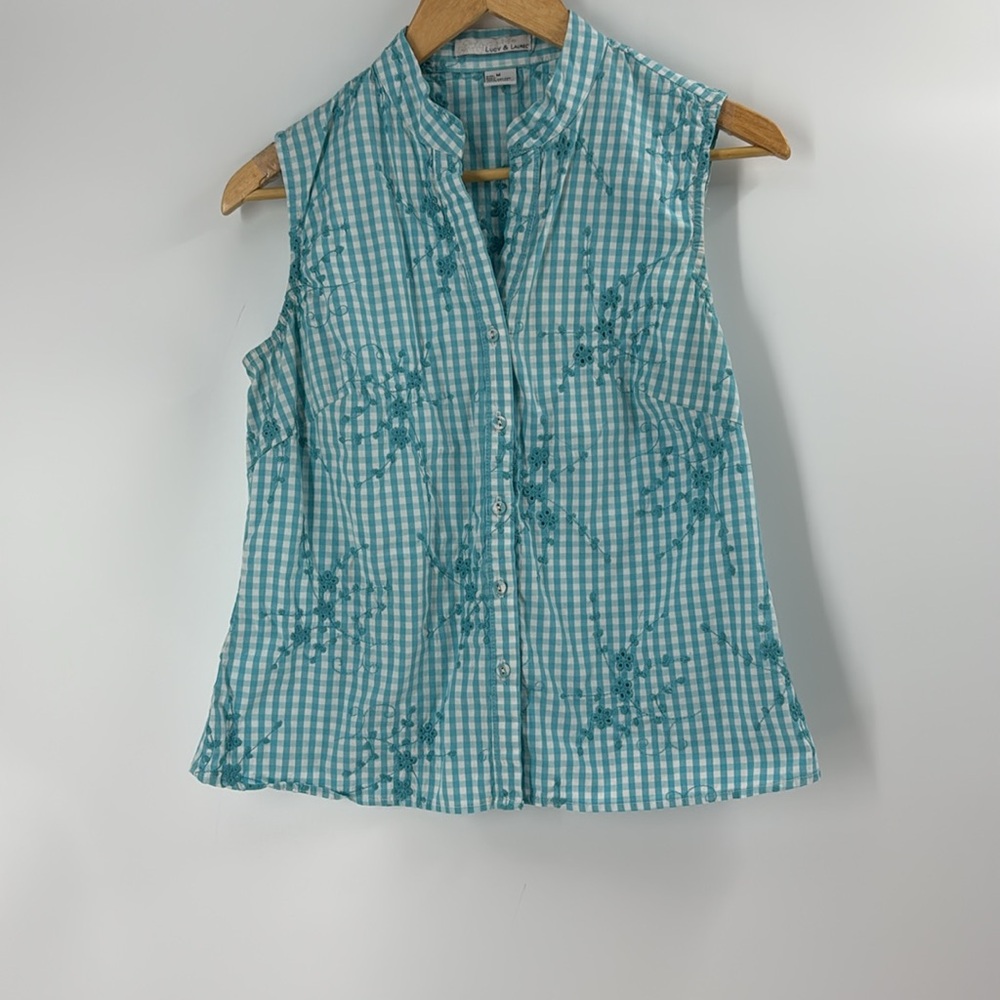 Blue and white Cotton ocean blue checked summer embroidered button front top